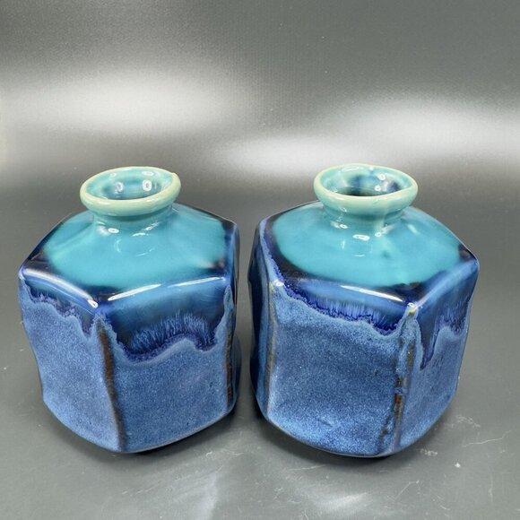 Kotobuki Peppercorn Hexagon Vase Set 2 Made in Japan W Tags Blue Green Glaze VTG - Picture 12 of 16